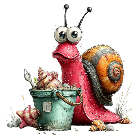 whimsical, snail, garden creatures, coral red, burnt orange, sea green, children's illustration, storybook, nature-inspired, adorable animals, coastal theme, shells, bucket, garden scene, playful, watercolor style, kid-friendly, cottage core, vintage illustration, spring, summer, nature lovers, illustrated animals, quirky, charming, pastel accents, woodland creatures, decorative panel, bedding, nursery