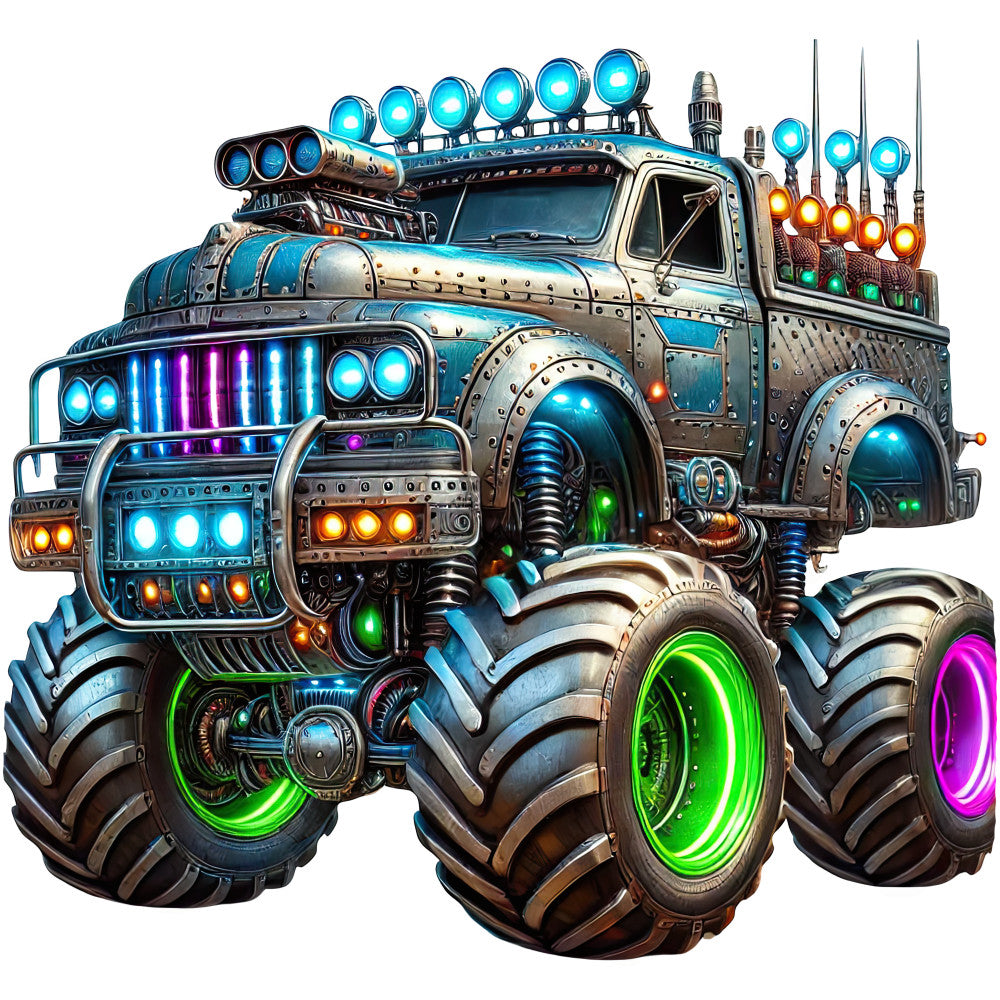 steampunk, industrial, neon lights, cyan blue, magenta purple, lime green, orange, metallic silver, brass gold, futuristic, mechanical, gears, sci-fi, retro-futuristic, vehicle themed, truck, monster truck, edgy, bold, vibrant, glowing lights, neon glow, mixed media, vintage industrial, post-apocalyptic, boy themed, action themed, vehicle panel