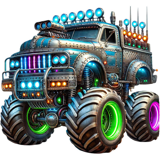 steampunk, industrial, neon lights, cyan blue, magenta purple, lime green, orange, metallic silver, brass gold, futuristic, mechanical, gears, sci-fi, retro-futuristic, vehicle themed, truck, monster truck, edgy, bold, vibrant, glowing lights, neon glow, mixed media, vintage industrial, post-apocalyptic, boy themed, action themed, vehicle panel
