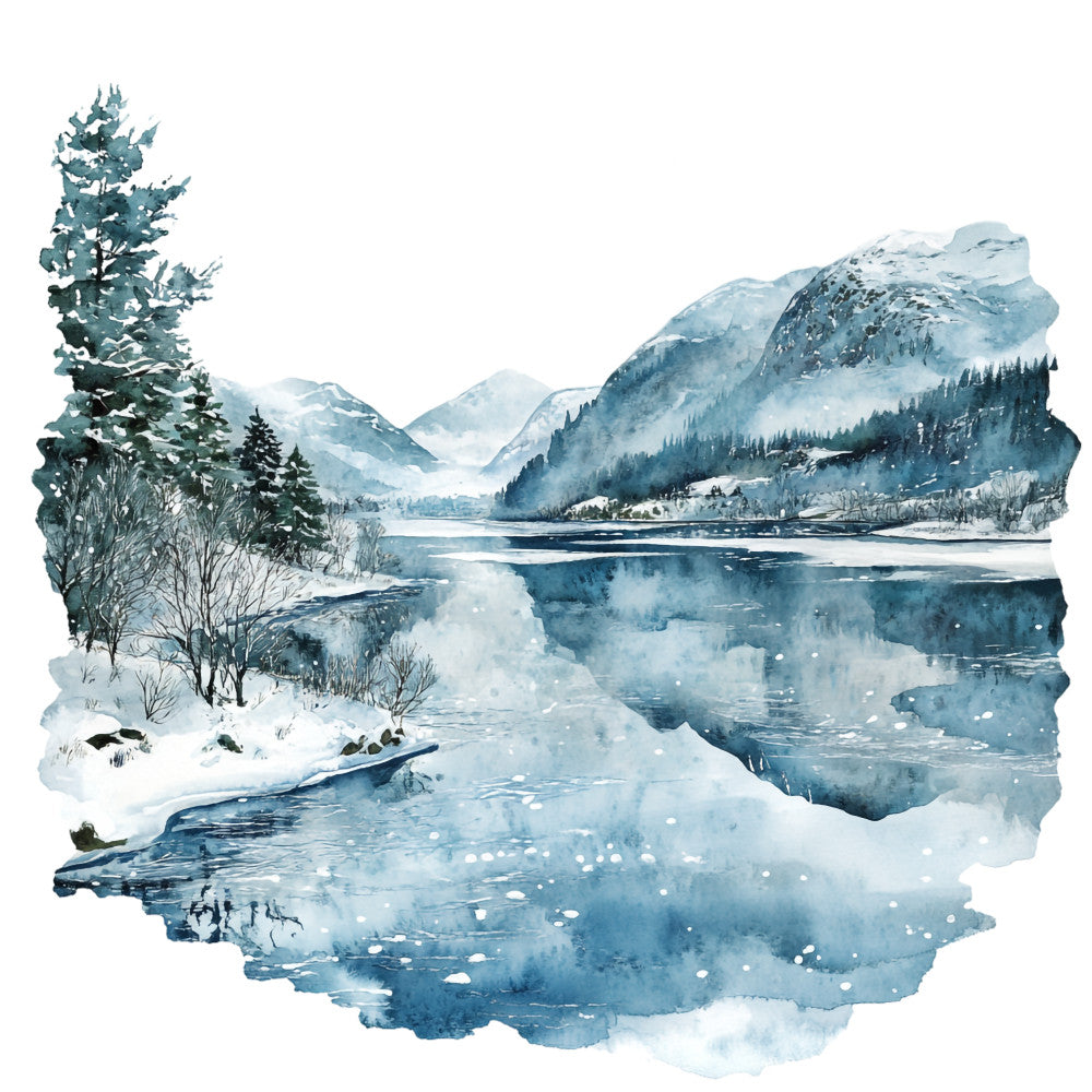 winter landscape, scottish highlands, watercolor style, blue tones, teal green, snow covered mountains, frozen lake, evergreen trees, coniferous forest, serene nature scene, mountain reflection, icy water, winter wonderland, fabric panel, quilting cotton, nature artwork, peaceful mood, cold weather, alpine scenery, panoramic view