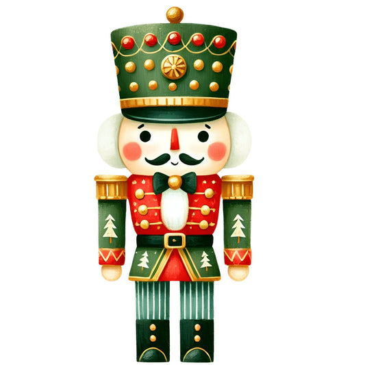 nutcracker, christmas, holiday, festive, winter, forest green, red, gold, cream, white, traditional, whimsical, vintage, nostalgic, soldier, military uniform, crown, decorative, geometric, striped, christmas trees, bells, ornaments, elegant, classic, seasonal, festive decor, home decor, wall hanging, children's