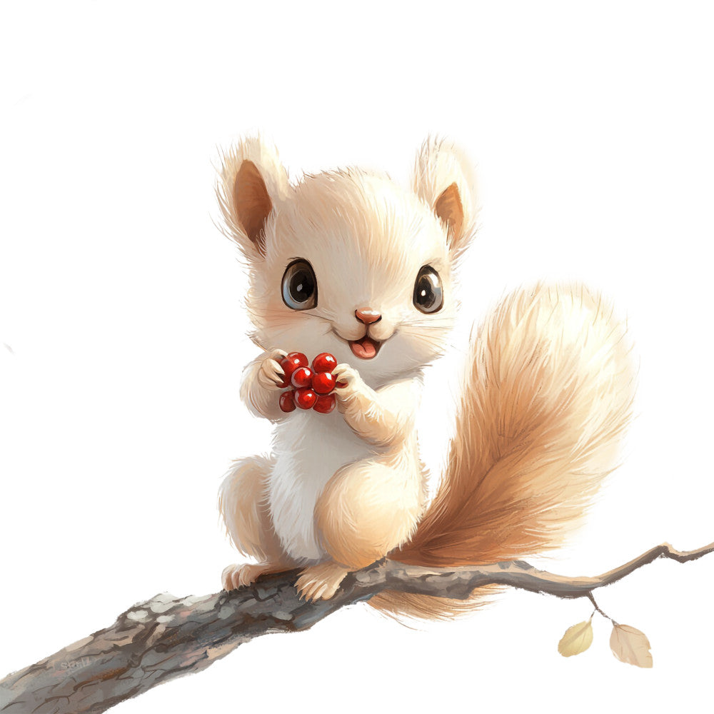squirrel, woodland animal, cute character, red berries, tree branch, fluffy tail, big eyes, orange fur, cream white, soft pastels, whimsical illustration, children's fabric, adorable expression, nature theme, forest creature, fabric panel, quilting cotton, nursery decor, animal motif, cartoon style