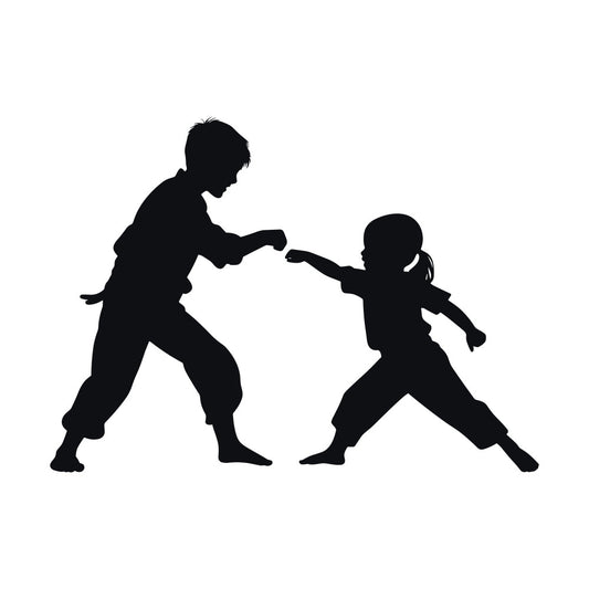 karate, martial arts, kids, children, sports, silhouette, black, monochrome, action, dynamic, fighting, combat, judo, taekwondo, boys, girls, active, movement, modern, contemporary, youth, playful, energetic, athletic, strength, discipline, training, instructional, educational, novelty