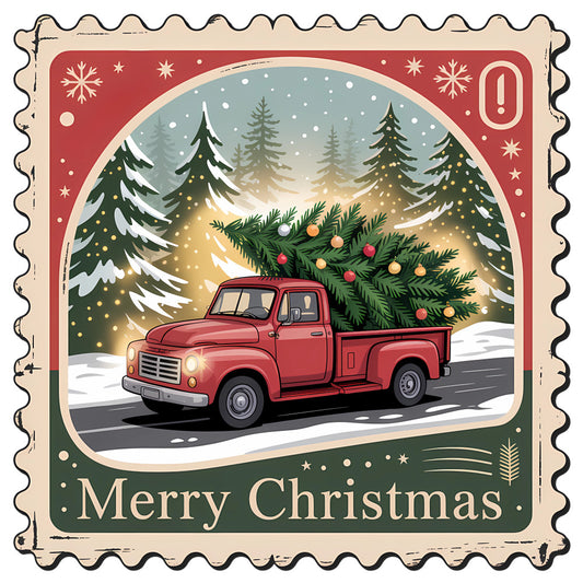 Vintage Christmas Stamps Fabric Panel 21 features a retro red truck carrying a decorated Christmas tree with snowy pine trees background.