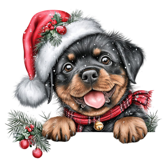 rottweiler, dog, christmas, holiday, santa hat, festive, red plaid, evergreen, holly berries, winter, jingle bells, seasonal, pet lover, animal, black and tan, cute, whimsical, cheerful, snow, golden eyes, tongue out, happy, decorative, christmas dog, festive animals, traditional, warm red, cream, forest green