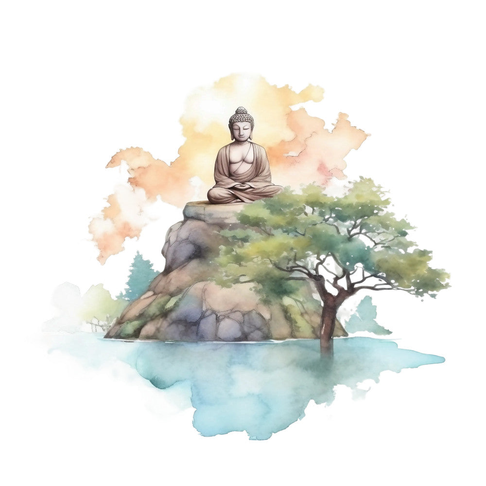 watercolor, buddha statue, meditation, zen, peaceful, serene, orange sunset, yellow clouds, green foliage, blue water, rock formation, tree, spiritual, tranquil, asian inspired, fabric panel, quilting cotton, nature scene, mindfulness, soft brushstrokes