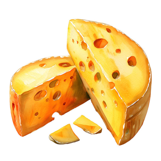 cheese, cheddar, swiss cheese, yellow, golden yellow, orange, cream, food, kitchen, novelty, whimsical, playful, fun, cute, holes, cheesy, dairy, realistic, illustration, modern, children's, kids, food themed, culinary, gourmet, humorous, quirky, comfort, cozy