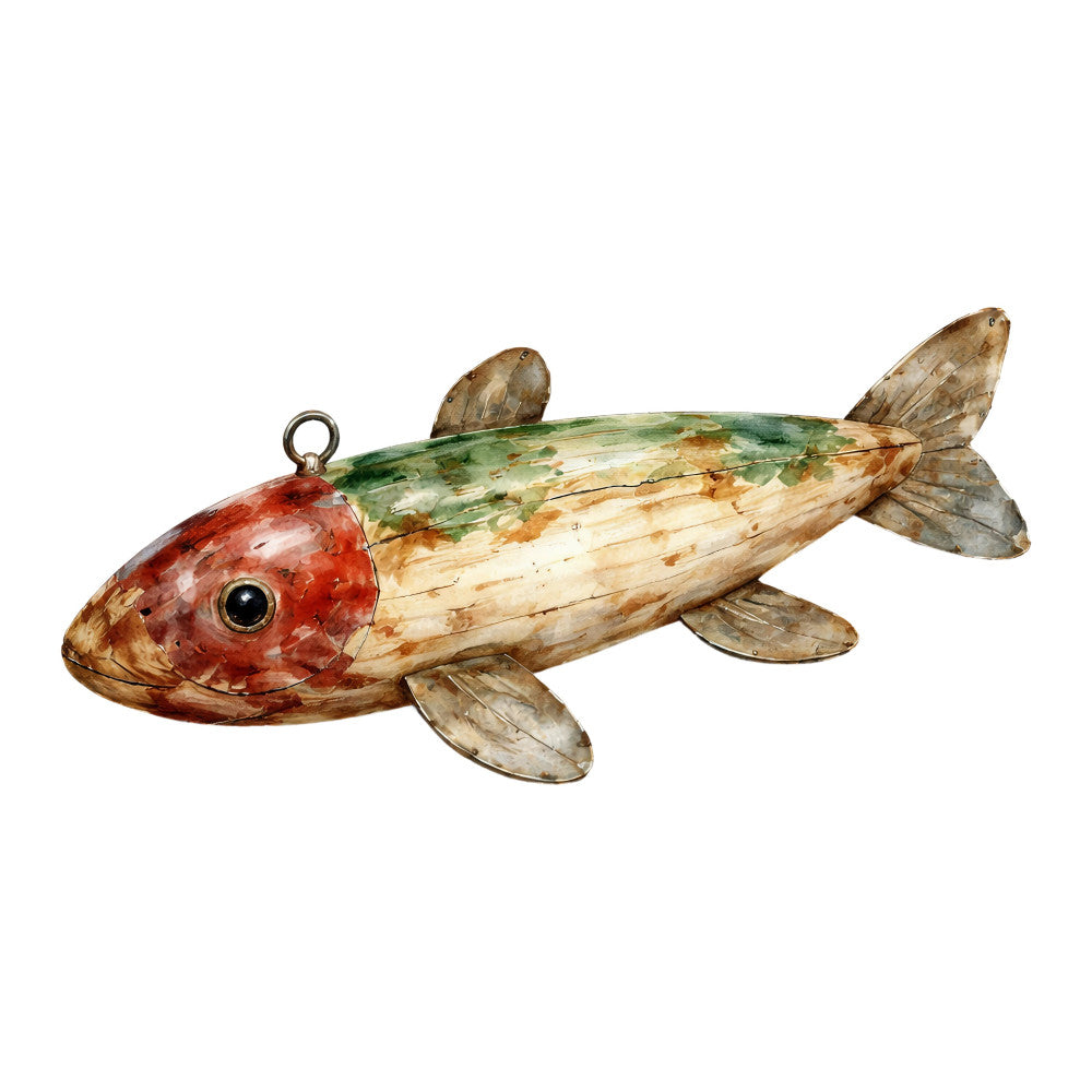 fish, fishing, nautical, nature, wildlife, animal, realistic, vintage, rustic, steampunk, brown, tan, cream, red, coral red, crimson, green, sage green, forest green, beige, detailed illustration, lifelike, traditional, cottage core, lake house, river, freshwater, decorative art, home decor, wall hanging