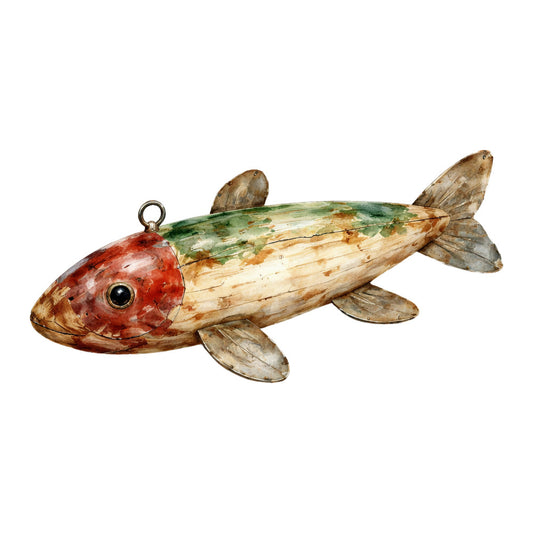 fish, fishing, nautical, nature, wildlife, animal, realistic, vintage, rustic, steampunk, brown, tan, cream, red, coral red, crimson, green, sage green, forest green, beige, detailed illustration, lifelike, traditional, cottage core, lake house, river, freshwater, decorative art, home decor, wall hanging
