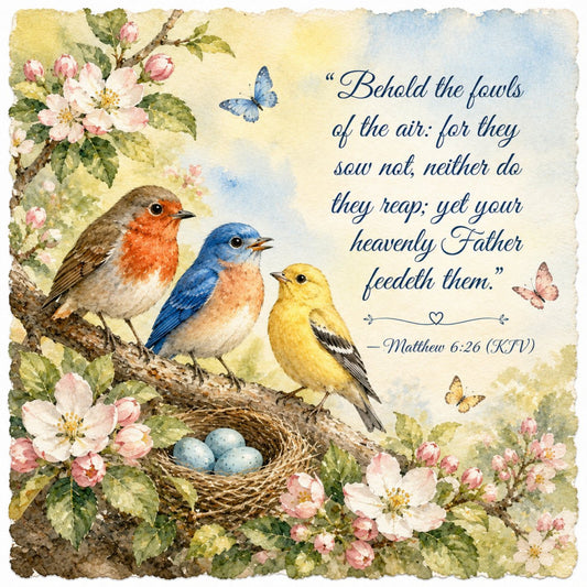 birds, butterflies, spring, floral, nature, garden, robin, bluebird, yellow warbler, nest, eggs, scripture, religious, inspirational, pale yellow, soft blue, coral pink, sage green, white flowers, delicate, whimsical, vintage, botanical, peaceful, traditional, easter, cottage, farmhouse, elegant, watercolor