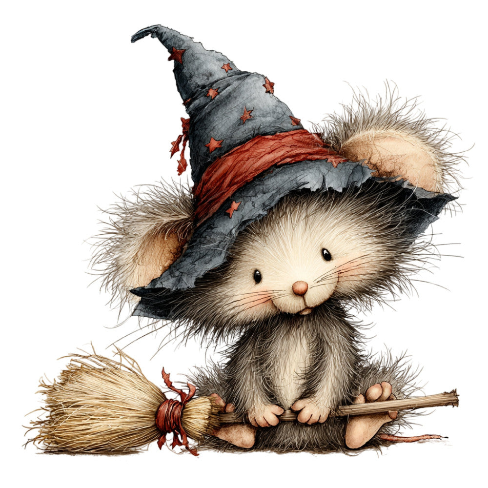 witch cat, black cat, gray cat, charcoal gray, rust red, cream, beige, tan, stars, wizard hat, broomstick, whimsical, cute, magical, halloween, autumn, fall, children's, kids, animal, cat theme, storybook, illustration, vintage inspired, folk art, nursery, baby, sweet, playful, enchanted