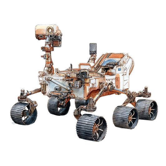 mars rover, space exploration, steampunk, nasa, robotic vehicle, copper, rust, bronze, tan, cream, white, blue, industrial, mechanical, science fiction, sci-fi, futuristic, technology, engineering, adventure, space theme, exploration theme, educational, stem, vintage sci-fi, retro futurism, metallic, gears, wheels, mechanical design