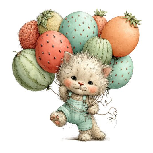 cute cat, whimsical, adorable kitten, strawberry balloons, fruit balloons, mint green, coral pink, peach, sage green, cream, pastel colors, animals, nursery, baby, children's, storybook illustration, playful, sweet, cheerful, spring, summer, botanical, nature, illustration style, charming, innocent, playful kitten, balloon theme, fruit motif