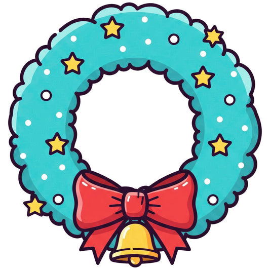 turquoise, aqua blue, red, coral red, golden yellow, white, festive, holiday, christmas, wreath, stars, bell, bow, whimsical, playful, cheerful, winter, seasonal, decorative, home decor, wall hanging, banner, nursery, children's, cute, celestial, sparkly, polka dots, scalloped edge, traditional holiday