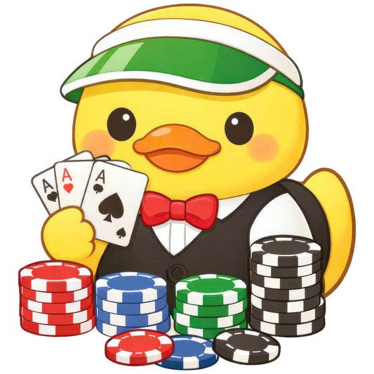 yellow duck, poker cards, casino chips, gambling, lucky ducky, visor hat, red bow tie, tuxedo, aces, playing cards, bright yellow, white, red, blue, green, black, whimsical, cute, playful, animal character, lucky charm, game night, fun, cheerful, novelty, children's, lucky duck theme