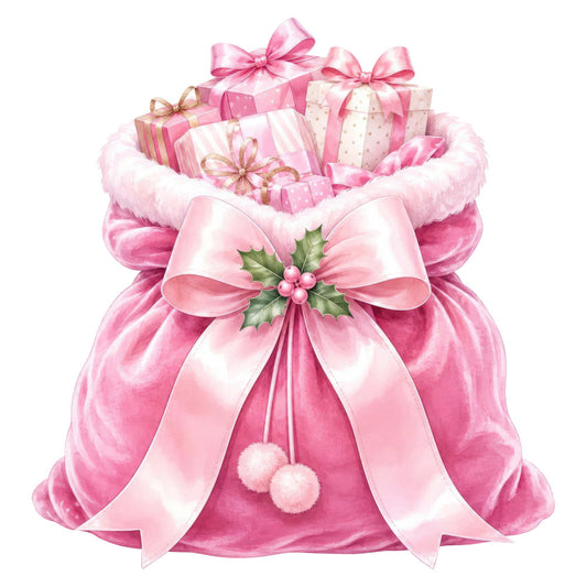hot pink, pale pink, white, rose pink, magenta, gift boxes, presents, bows, ribbons, holly, berries, festive, holiday, christmas, elegant, whimsical, luxurious, feminine, decorative, striped packages, polka dot packages, velvet texture, fur trim, ornaments, celebration, special occasion, winter, gift giving