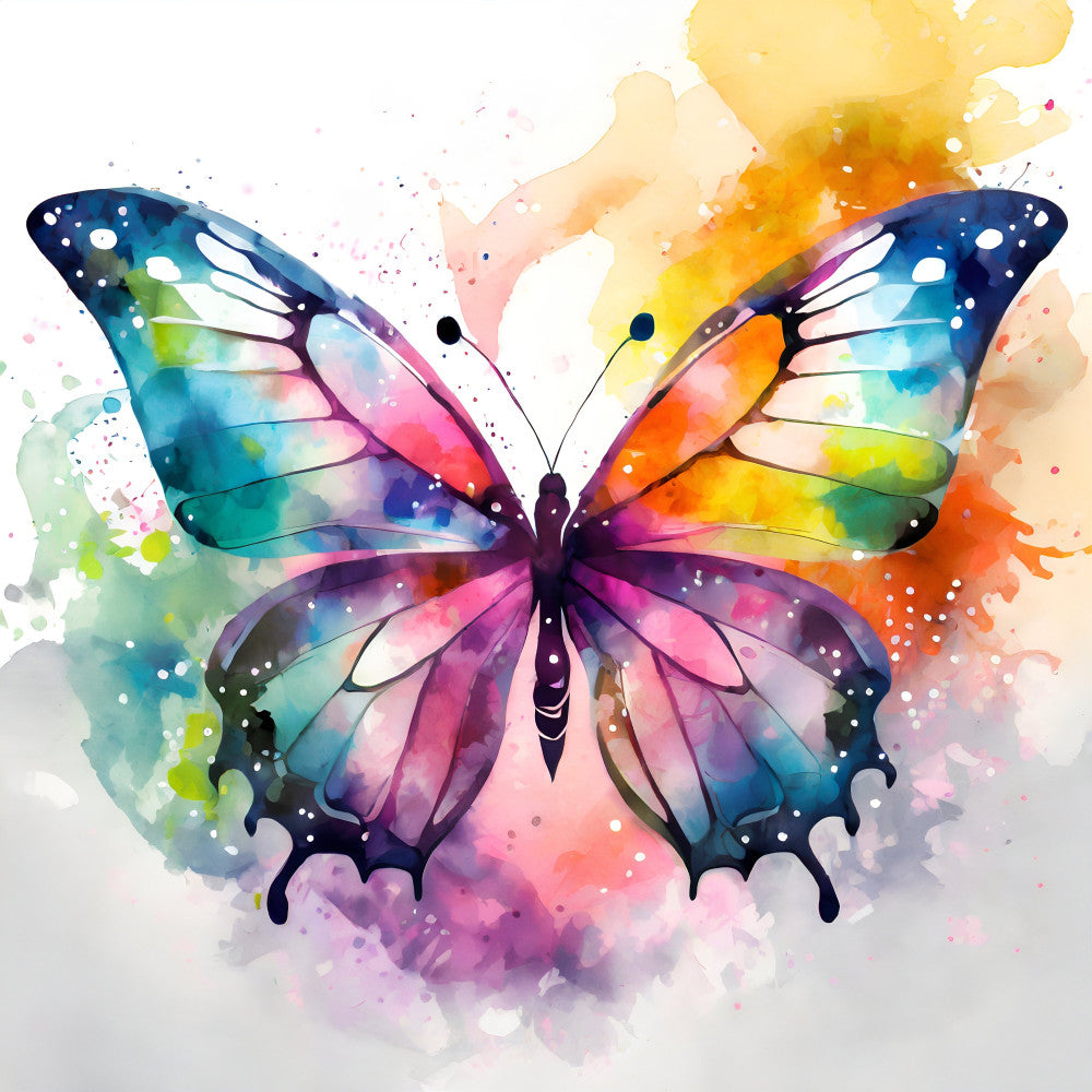 watercolor butterfly, rainbow, multicolor, turquoise, magenta, orange, yellow, coral pink, navy blue, purple, vibrant, abstract, watercolor, splatter, whimsical, nature, butterfly motif, artistic, modern, bohemian, spring, summer, paint splash, ink bleed, contemporary, decorative panel, wall art, celestial feel, dreamy, colorful