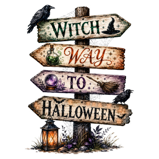 witch way to halloween, halloween signs, directional signpost, black crows, ravens, witches hat, potion bottle, crystal ball, broomstick, lantern, spellbook, mystical, magical, autumn, fall, halloween decor, rustic wood, weathered wood, dark green, burnt orange, deep purple, tan, black, celestial stars, witchy, spooky, whimsical, vintage halloween, gothic, wall hanging
