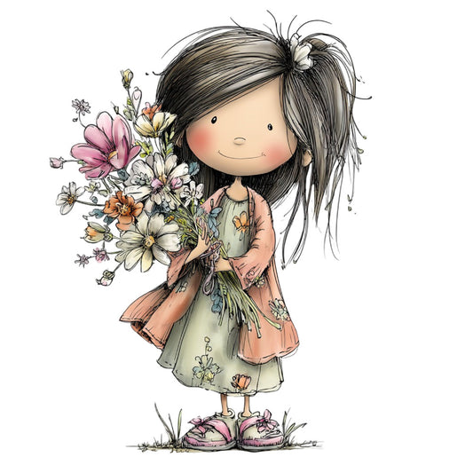 whimsical girl, illustrated character, floral bouquet, pink flowers, cream flowers, peach tones, sage green, black hair, sweet girl, children's illustration, nature inspired, spring flowers, botanical design, girl with flowers, pastel colors, illustration art, character fabric, decorative panel, nursery decor, kids illustration, watercolor style, vintage illustration, nature theme, feminine design, colorful florals, daisy flowers, sweet character, girl illustration, spring theme, playful style