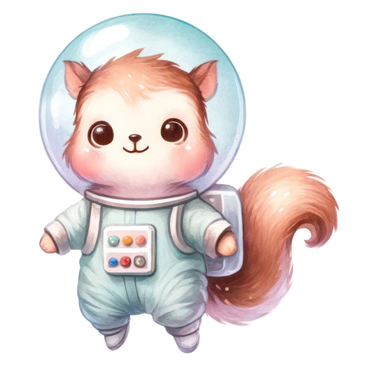 cute animal, space astronaut, squirrel, woodland creature, pastel colors, soft pink, blush pink, light blue, pale blue, mint green, coral, whimsical, playful, children's theme, baby quilt, nursery decor, space theme, astronaut suit, bubble helmet, modern cute, kawaii style, gender neutral, soft colors, gentle illustration, character design, adventure theme, cosmic, outer space, adorable animals