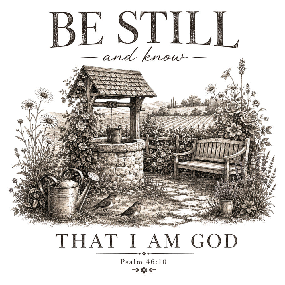 sepia tone, cream, beige, tan, black, floral, botanical, farmhouse, vintage, rustic, inspirational, religious, scripture, garden, well, bench, watering can, birds, flowers, roses, daisies, lavender, cottage, countryside, pastoral, traditional, elegant, faith-based, psalm, nature