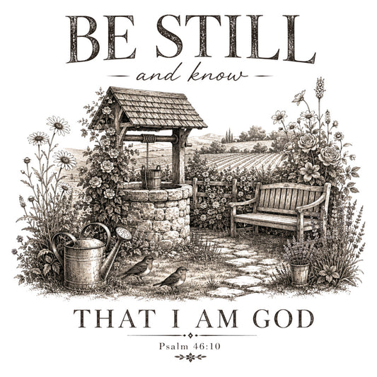 sepia tone, cream, beige, tan, black, floral, botanical, farmhouse, vintage, rustic, inspirational, religious, scripture, garden, well, bench, watering can, birds, flowers, roses, daisies, lavender, cottage, countryside, pastoral, traditional, elegant, faith-based, psalm, nature