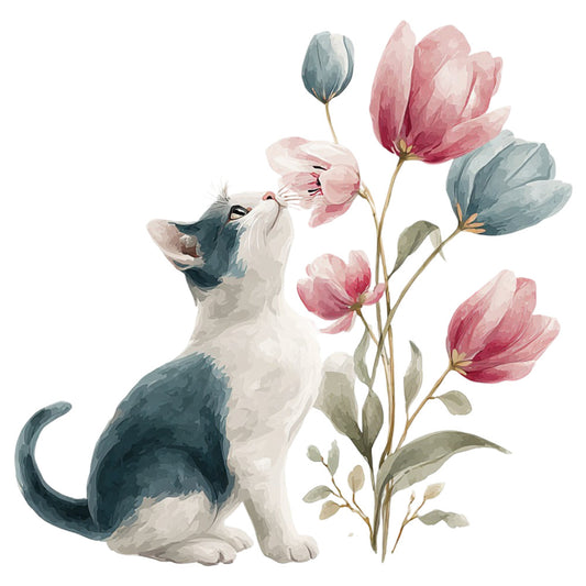 cat, kitten, flowers, floral, tulips, pink tulips, dusty blue, slate blue, soft pink, blush pink, white, sage green, botanical, nature, whimsical, elegant, watercolor, spring, cute animals, pet lover, nursery, baby quilt, wall hanging, gentle, soft colors, delicate, romantic, illustration style, charming, garden theme