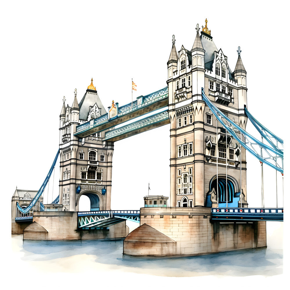 tower bridge, london, architecture, landmark, cream, beige, tan, steel blue, cornflower blue, gold, ornate, gothic, victorian, bridge, castle, geometric, detailed illustration, travel, destination, elegant, traditional, european, iconic, historic, cityscape, structural, decorative, wall hanging, home decor