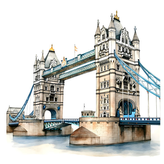 tower bridge, london, architecture, landmark, cream, beige, tan, steel blue, cornflower blue, gold, ornate, gothic, victorian, bridge, castle, geometric, detailed illustration, travel, destination, elegant, traditional, european, iconic, historic, cityscape, structural, decorative, wall hanging, home decor