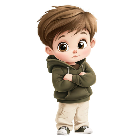 olive green, khaki, cream, beige, tan, brown hair, cute boy, cartoon character, children's illustration, whimsical, playful, modern, character panel, juvenile, kids clothing, baby boy, toddler, casual style, hoodie, streetwear inspired, adorable, expressive eyes, friendly, youth themed, fashion forward, contemporary illustration, gender neutral, lifestyle, nursery decor