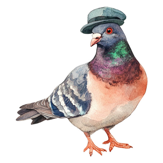 pigeon, bird, iridescent, jewel tones, emerald green, ruby red, slate blue, coral orange, vintage, whimsical, steampunk, nature, animals, wildlife, hat, gentleman pigeon, multicolored, iridescent plumage, decorative bird, illustration, watercolor style, charming, quirky, botanical, traditional, elegant, novelty print, character fabric, storybook