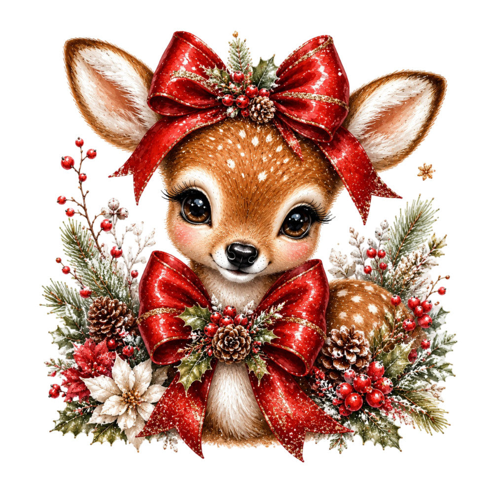 christmas, holiday, deer, fawn, woodland, red, cream, brown, gold, festive, whimsical, cute, animals, nature, winter, evergreen, pine cones, holly berries, bows, ribbons, sparkle, glitter, elegant, traditional, seasonal, baby, children's, decorative, rustic charm, winter wonderland