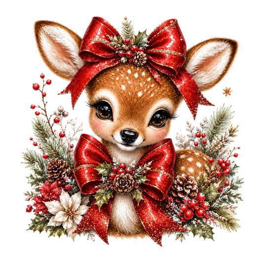 christmas, holiday, deer, fawn, woodland, red, cream, brown, gold, festive, whimsical, cute, animals, nature, winter, evergreen, pine cones, holly berries, bows, ribbons, sparkle, glitter, elegant, traditional, seasonal, baby, children's, decorative, rustic charm, winter wonderland