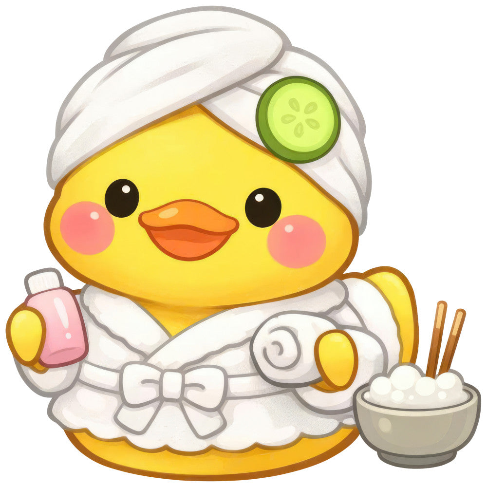 yellow chick, spa theme, whimsical, cute animals, baby, nursery, spring, summer, soft yellow, cream white, coral pink, lime green, bath time, relaxation, self-care, towel wrap, bathrobe, duck, bird, playful, cheerful, adorable, children's fabric, kawaii, pastel colors, gentle theme, wellness, grooming, happy expression, rosy cheeks