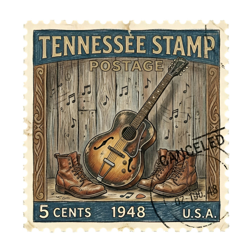vintage, country music, guitar, acoustic guitar, cowboy boots, western, rustic, americana, retro, 1948, postage stamp, music themed, wooden background, brown, tan, cream, navy blue, folk music, country western, musical notes, nostalgic, heritage, traditional, americana decor, music lover gift, country style, vintage americana, collectible, historical