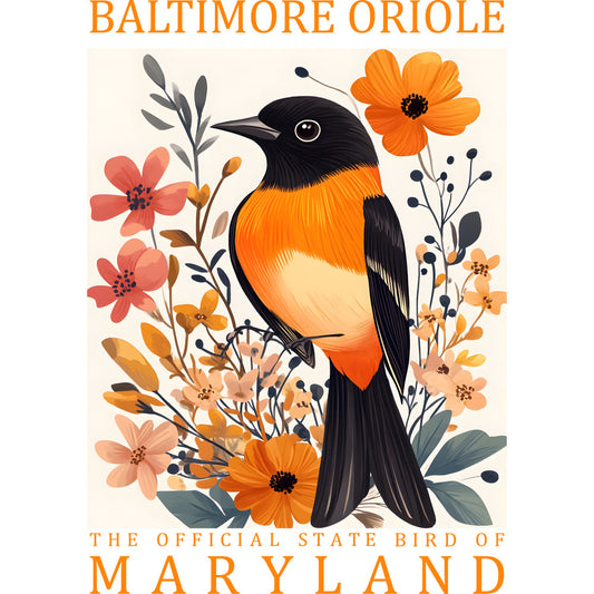 baltimore oriole, state bird, maryland, orange bird, black wings, floral design, botanical illustration, coral flowers, orange blossoms, fabric panel, quilting cotton, nature theme, spring colors, peach tones, gray leaves, decorative berries, folk art style, bird illustration, vibrant orange, cream background
