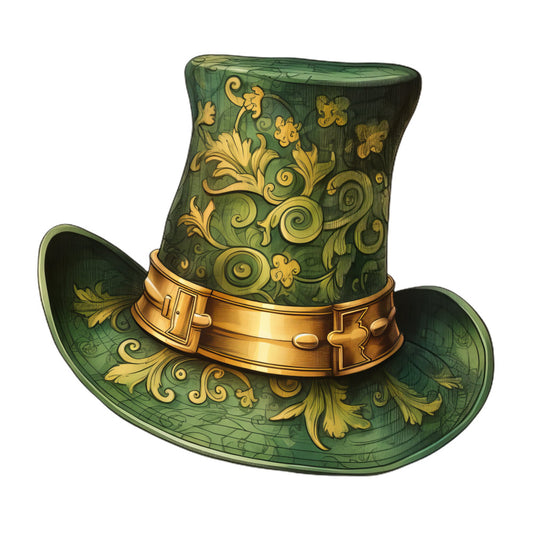 forest green, gold, yellow, ornate, Victorian, baroque, scrollwork, filigree, floral, leprechaun hat, top hat, lucky, Irish, St. Patrick's Day, holiday, whimsical, elegant, decorative, vintage, traditional, ornamental, swirls, flourishes, botanical, festive, magical, enchanted, celebration
