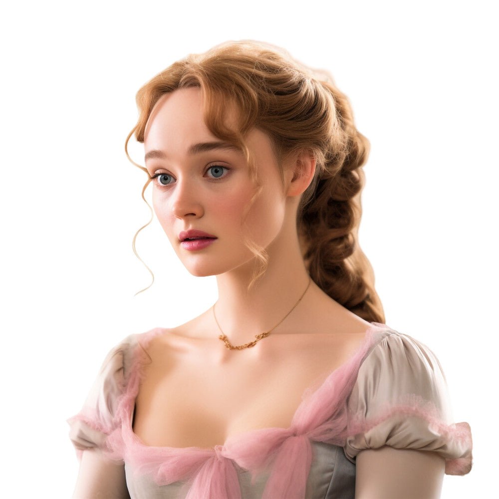 fabric panel, regency era, historical portrait, woman character, blonde hair, braided hairstyle, pink dress, white sleeves, gold necklace, period costume, elegant fashion, 19th century style, romantic mood, soft pastels, quilting cotton, crafting material, sewing project, panel design, historical theme, feminine subject