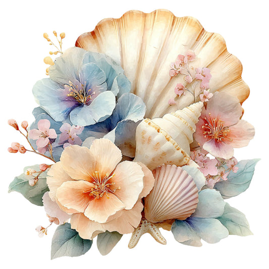floral, watercolor, pastel, cream, blush pink, dusty blue, sage green, coral, peach, seashells, botanical, elegant, romantic, coastal, beach theme, spring, summer, nature, delicate, vintage, whimsical, soft colors, shells, small flowers, garden flowers, peaceful, serene, coastal living, seaside, ocean inspired