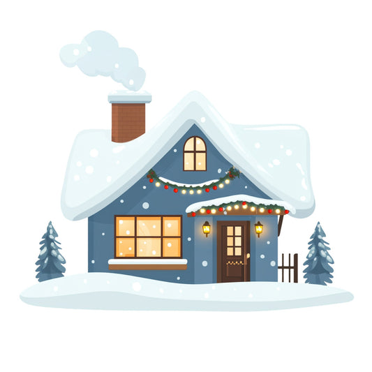 winter house, snowy cottage, christmas, holiday, navy blue, cream white, brown, forest green, cozy cabin, snow-covered roof, chimney, festive, seasonal, winter scene, evergreen trees, decorative lights, garland, lanterns, small house, cottage core, rustic, whimsical, winter landscape, snow falling, illuminated windows, country home, traditional holiday, winter wonderland, festive decor
