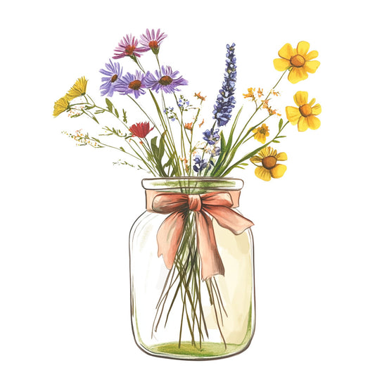 wildflower bouquet, mason jar, floral arrangement, yellow flowers, purple flowers, lavender blooms, daisy, coral ribbon, spring flowers, botanical, nature, garden flowers, fresh flowers, watercolor style, vintage botanical, cottage core, rustic elegance, whimsical, spring, summer, cheerful, bright yellow, soft purple, dusty rose, green stems, delicate flowers, decorative bow, traditional floral, garden theme, Easter