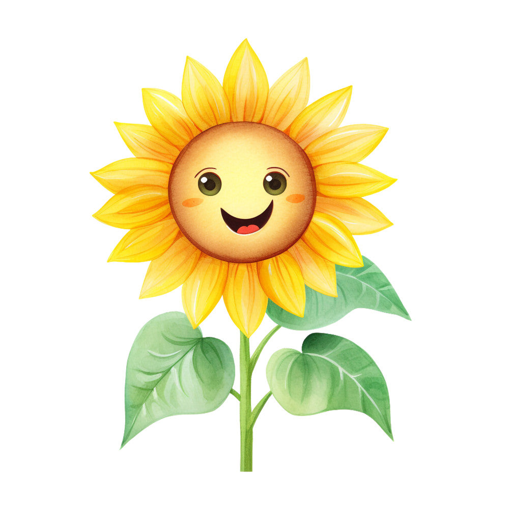 yellow, bright yellow, golden, green leaves, sunflower, smiling face, happy expression, cheerful, cute cartoon, kawaii style, floral design, botanical, spring theme, summer vibes, fabric panel, quilting cotton, children's fabric, whimsical, nature motif, flower petals