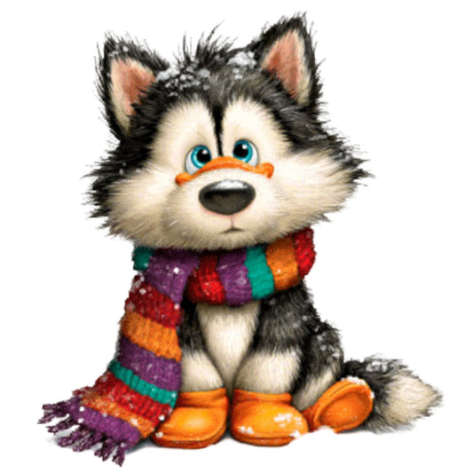 husky, puppy, dog, anthropomorphic animals, colorful scarf, orange boots, blue eyes, whimsical, cute, children's fabric, playful, striped scarf, purple, orange, teal, red, black and white, animal characters, kid's quilt, nursery, playful characters, festive, charming, illustrated animals, winter accessories, cozy, cheerful, multi-color stripes