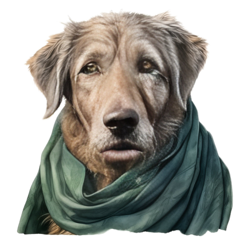 dog portrait, labrador, retriever, gray dog, sage green, forest green, animal fabric, dog lover, pet portrait, realistic dog, golden brown, taupe, nature themed, dog panel, dog fabric, portrait style, elegant, sophisticated, realistic illustration, canine, working dog, scarf detail, gentle expression, soulful eyes, large breed dog, neutral colors, earthy tones, animal lover gift, dog breed, wildlife art