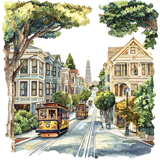 watercolor illustration, san francisco streetcar, victorian houses, cable car, hillside street, pastel colors, sage green, cream yellow, soft blue, tree-lined street, urban scene, california cityscape, fabric panel, quilting cotton, transportation theme, architectural details, nostalgic artwork, scenic landscape, travel motif, vintage trolley