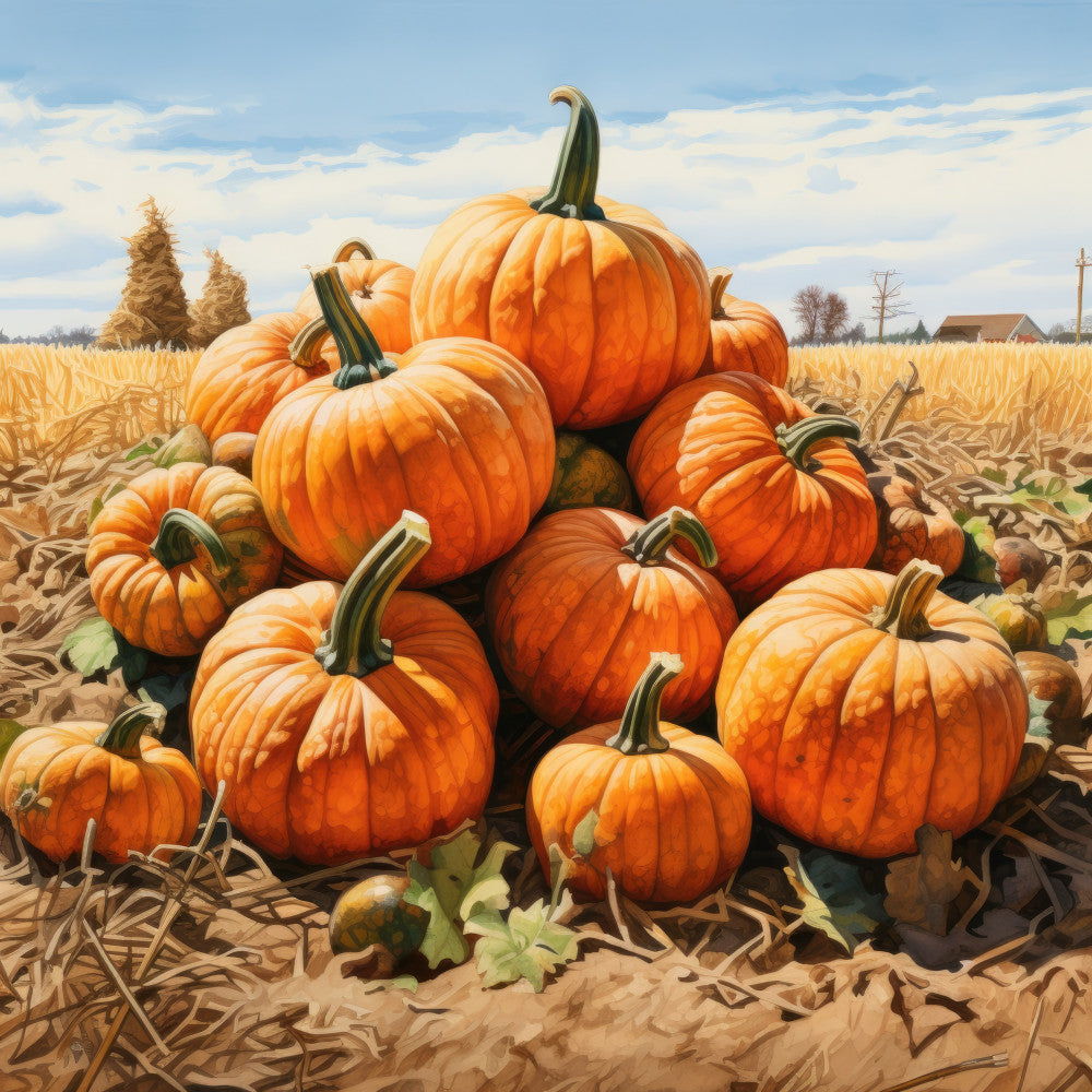 pumpkin orange, burnt orange, deep orange, golden orange, cream, tan, green stems, harvest, autumn, fall, pumpkin patch, farmhouse, rustic, agricultural, countryside, rural, seasonal, thanksgiving, halloween, harvest theme, pumpkins, gourds, farm scene, countryside landscape, traditional, nostalgic, bucolic, pastoral, field, cornfield