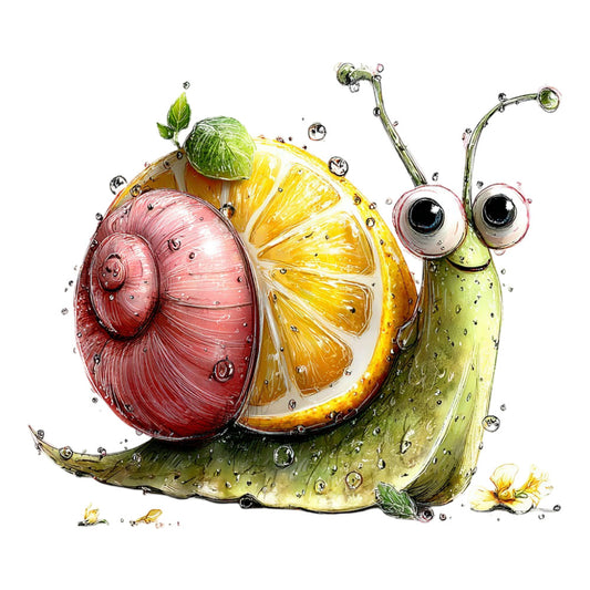 snail, whimsical, fruit, apple, lemon, nature, animals, insects, illustrated, storybook, children's, playful, yellow, lime green, dusty rose, coral pink, fantasy, garden, creature, eyes, antennae, detailed illustration, watercolor style, spring, summer, decorative, nursery, quirky, charming, artistic