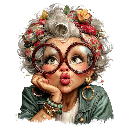 whimsical, vintage, portrait, floral, flowers, glasses, eyewear, sage green, forest green, coral pink, red flowers, gold accents, brass, boho, bohemian, fashion illustration, retro, quirky, playful, character print, humorous, fun, bold lips, colorful, artistic, eclectic, mixed pattern, statement piece, wall hanging, home decor