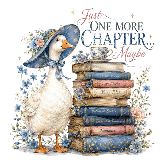 whimsical goose, duck with hat, floral, blue flowers, pink roses, vintage books, literary theme, reading, classic poetry, fairy tales, romance, botanical, navy blue, cream white, dusty rose, gold accents, elegant, vintage, cottage core, storybook, animals, birds, flowers, stars, tea cup, spring, summer, charming, nostalgic, literary gifts