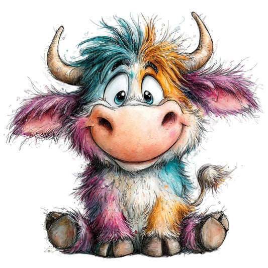 multicolor, teal, orange, purple, pink, whimsical, cute, playful, cartoon, animals, bull, cow, fantasy creature, children's, colorful, vibrant, splatter, watercolor, modern, fun, nursery, baby, kids, character, illustrated, cheerful, bright, magical, artistic